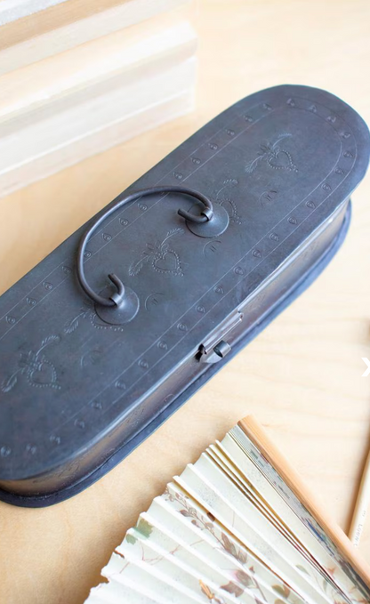 HAND-ETCHED OVAL IRON BOX w/HINGED LID