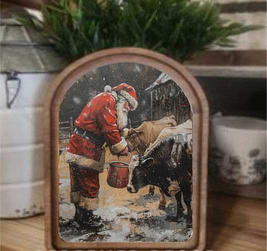 8” Arch Santa WithCows Framed Art