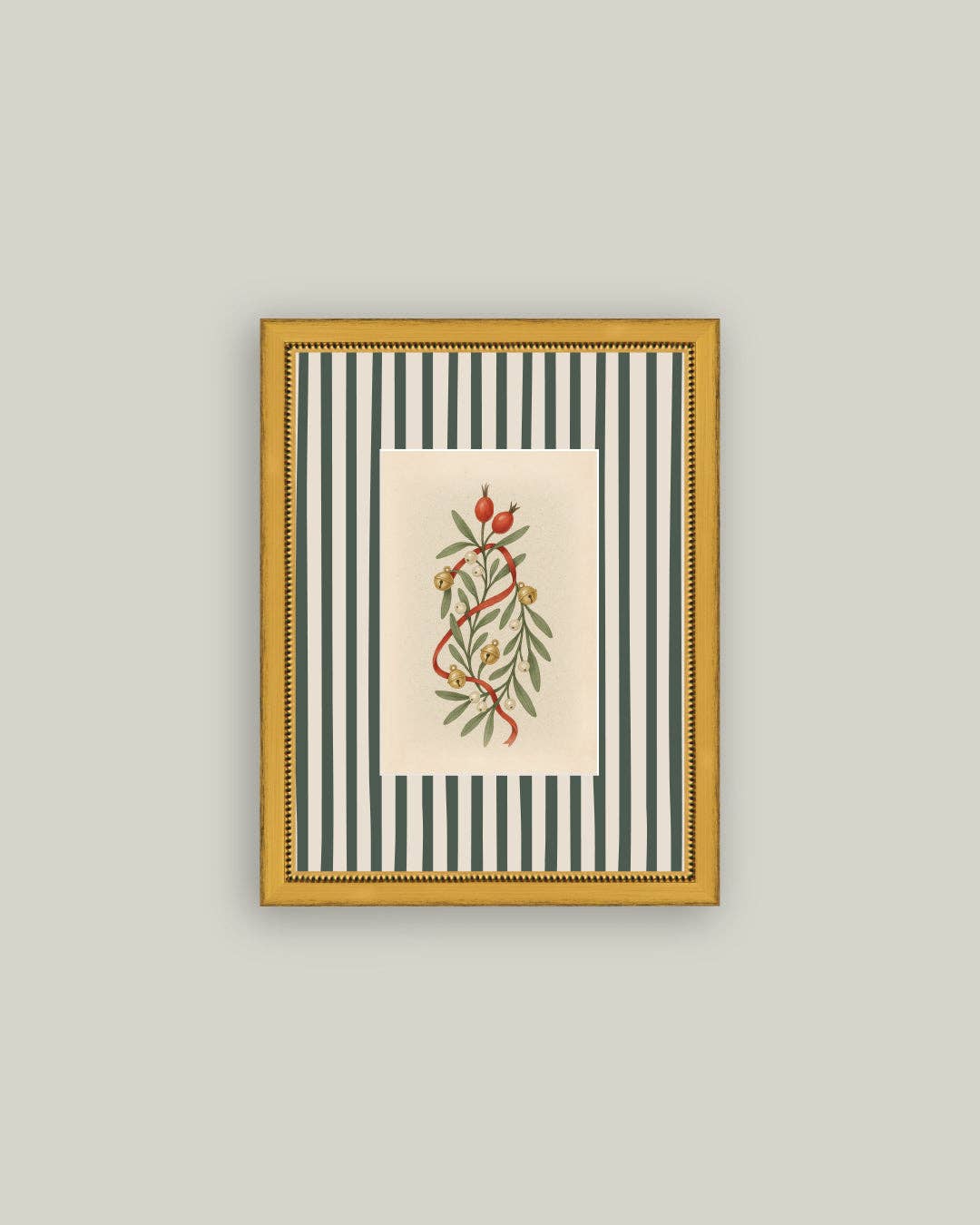 Holly Bells on Stripes Framed Antique Art