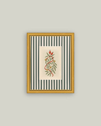 Holly Bells on Stripes Framed Antique Art