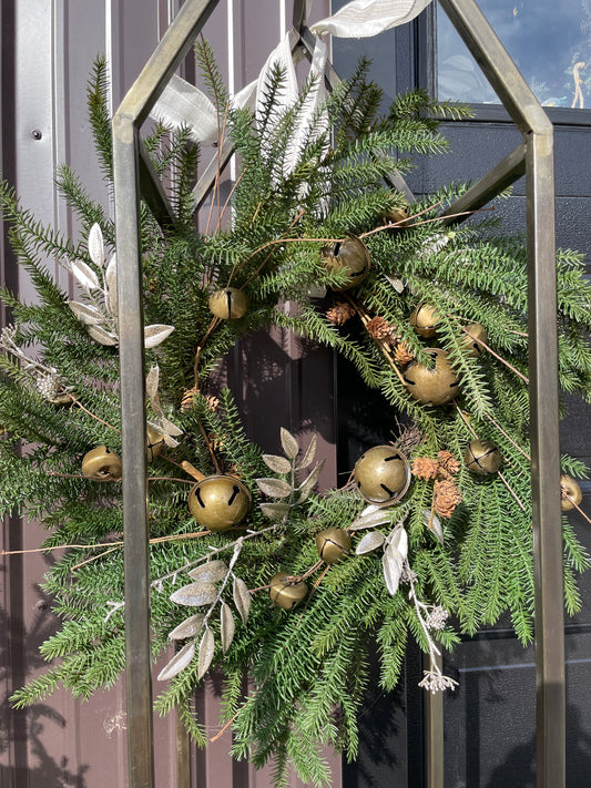 Evergreen Wreath w/Bells & Pewter Leaves