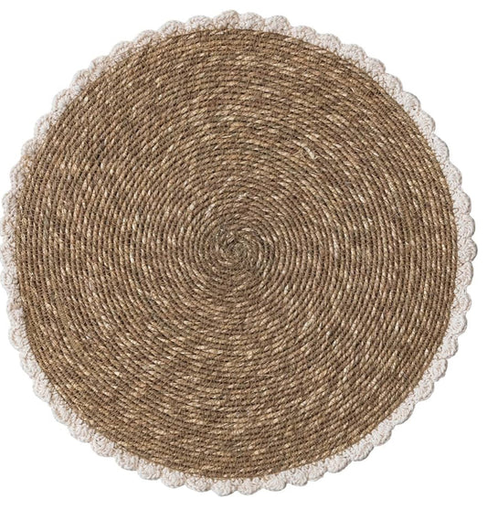 15” Round-Woven Seagrass & Cotton Crocheted Pacemat