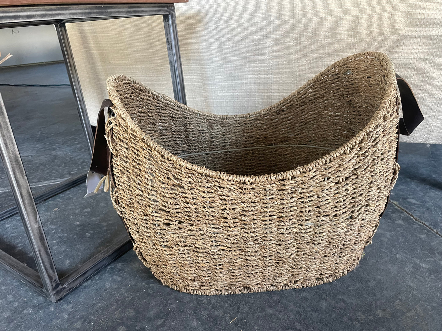 Oval Wicker Basket w/Leather Handles