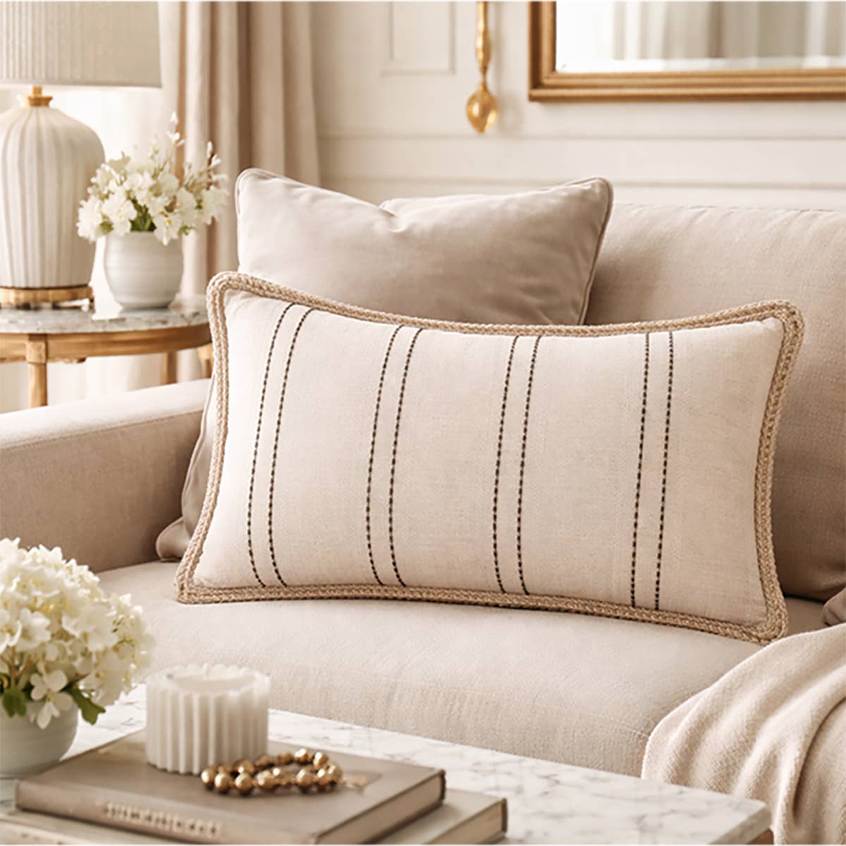 Neutral Striped Throw Pillow with Braided Trim