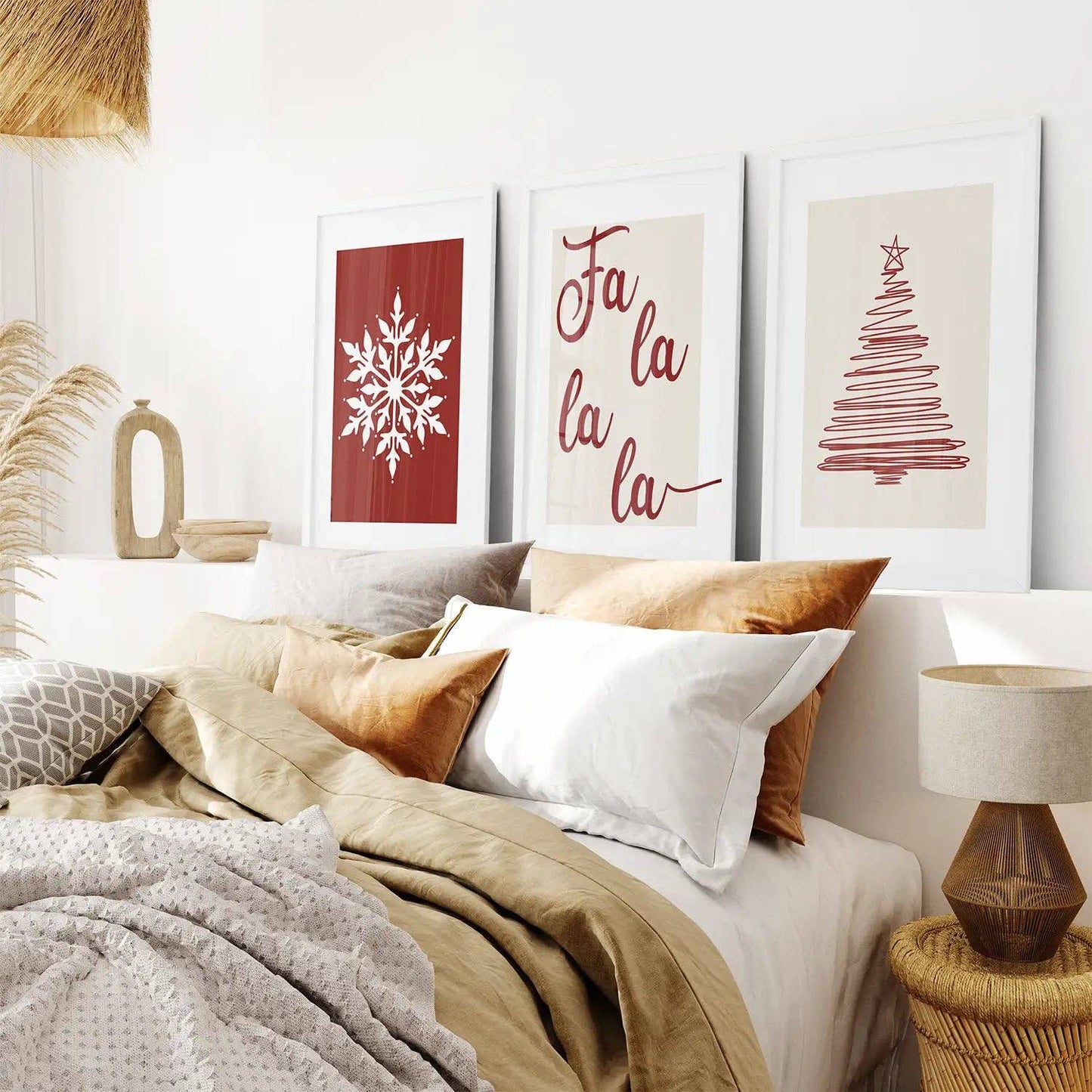 8” x 10” Wall Art Christmas Decoration. Modern Red Xmas Print-Set/3-No Frames