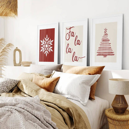 8” x 10” Wall Art Christmas Decoration. Modern Red Xmas Print-Set/3-No Frames