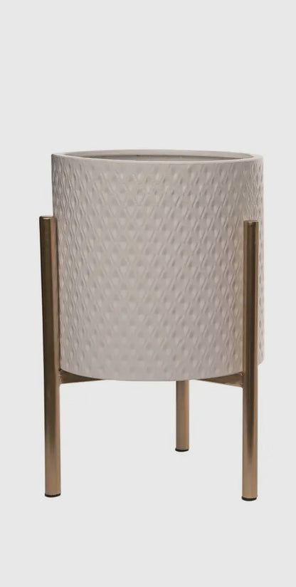 14”H White Textured Metal Planter w/Gold Stand-Sm