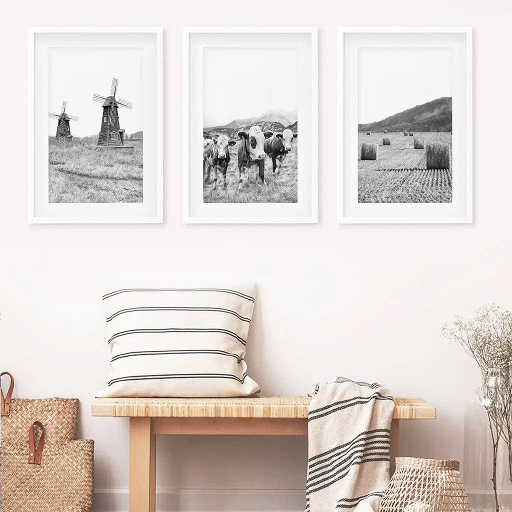 8” x 10” Farmhouse Black White Wall Art. Windmill, 3 Cows, Hay Bales-sold  separately- No Frame