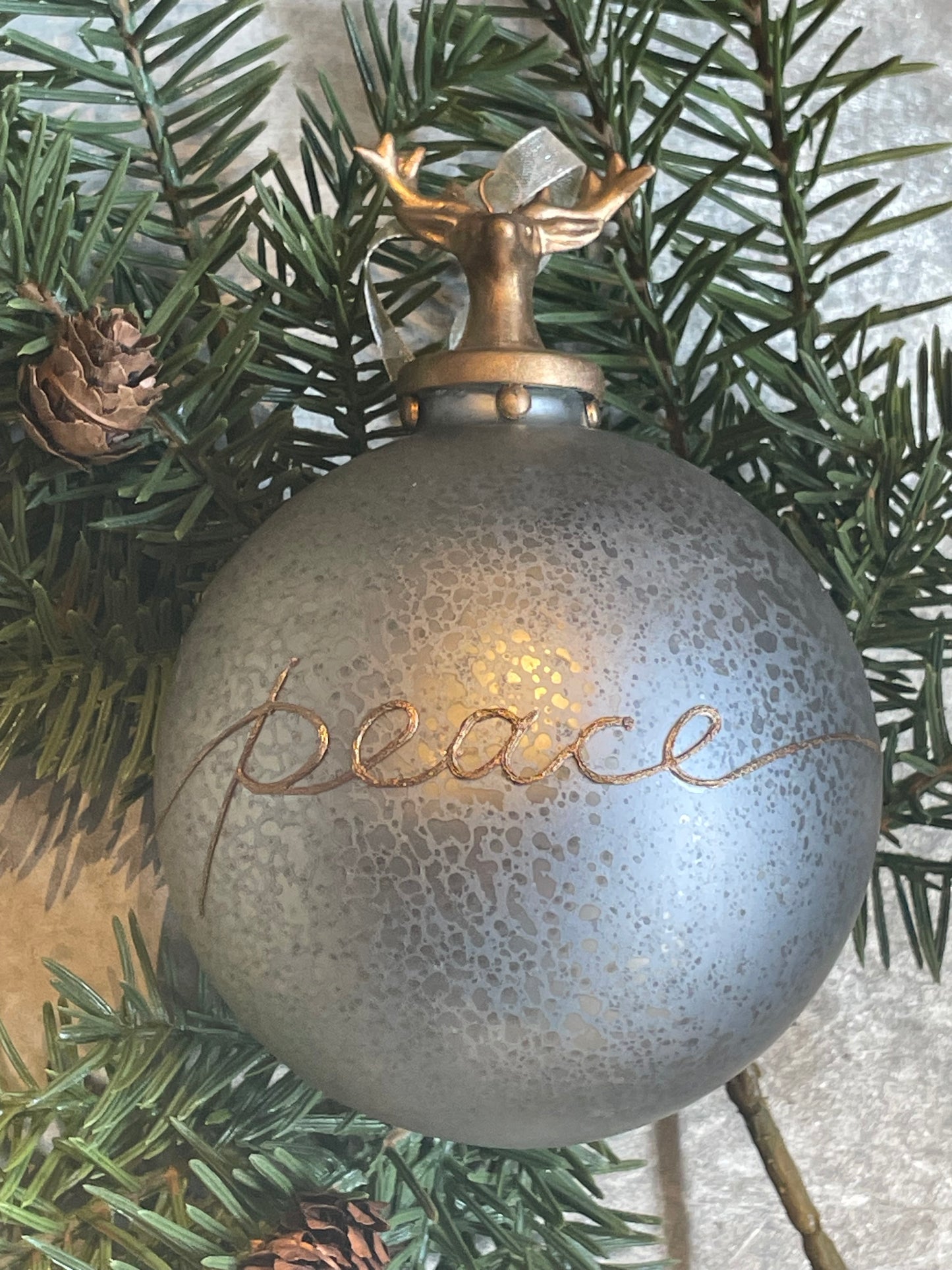 Silver Mercury Ball Ornament w/Gold Peace and Deer Head