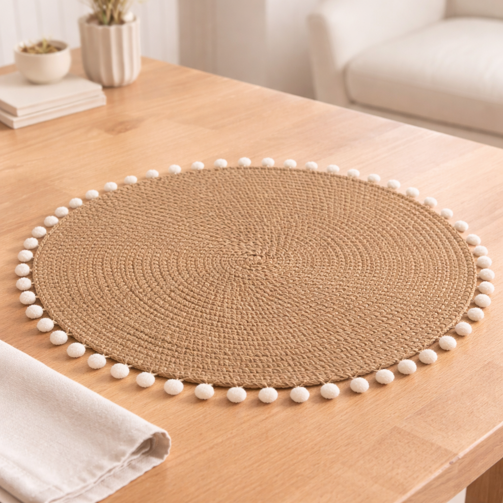 Natural Pom Pom Border 15" Round Placemat