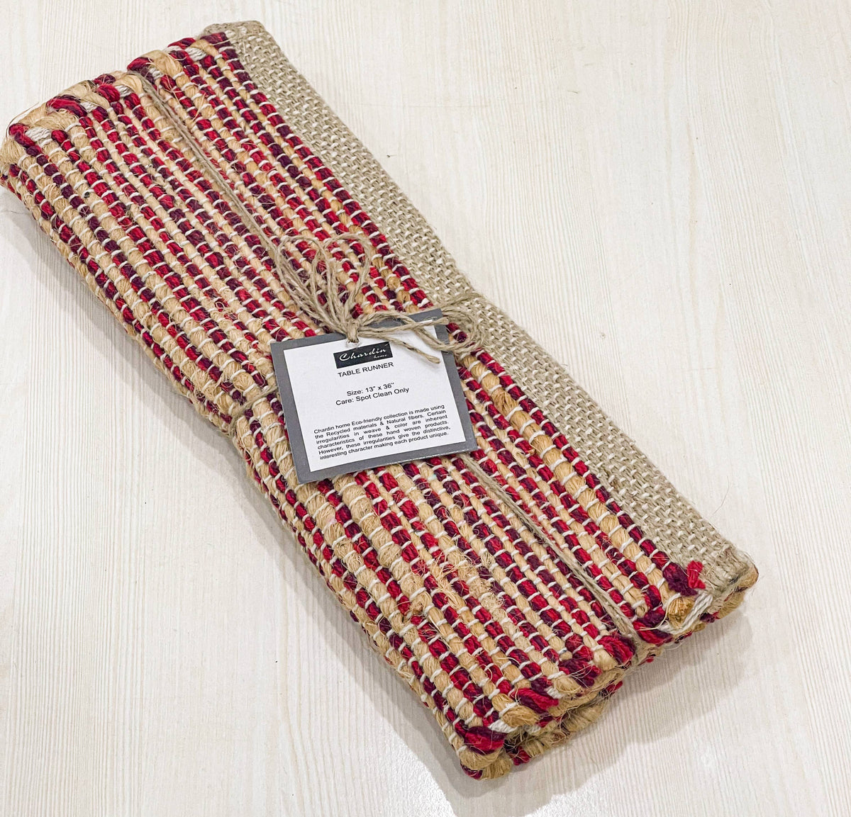 OMBRE TABLE RUNNER, NATURAL JUTE-RED, 13''x36''.