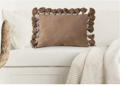 Brown woven Cotton Slub Lumbar Pillow w/Tassels