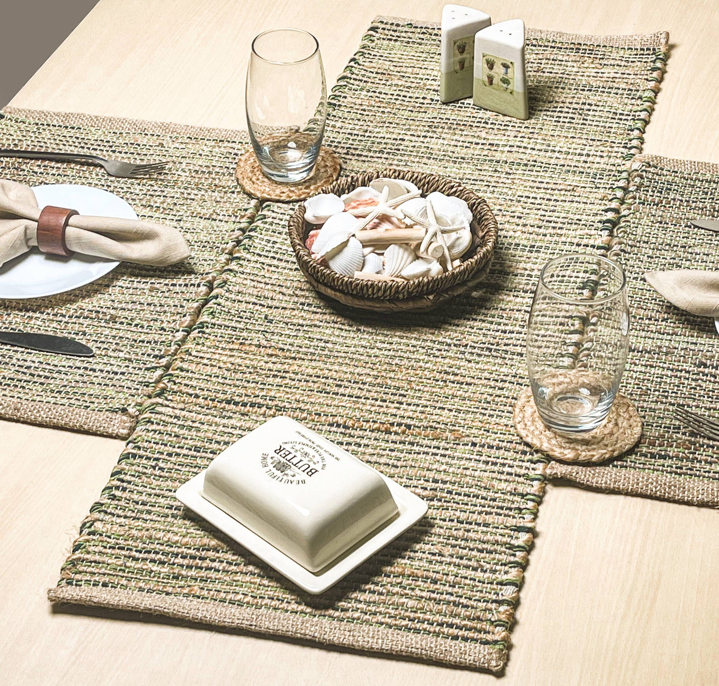 OMBRE TABLE RUNNER, NATURAL JUTE-GREEN, 13''x48''.