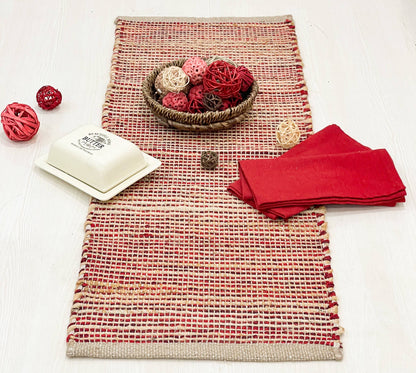 OMBRE TABLE RUNNER, NATURAL JUTE-RED, 13''x48''.