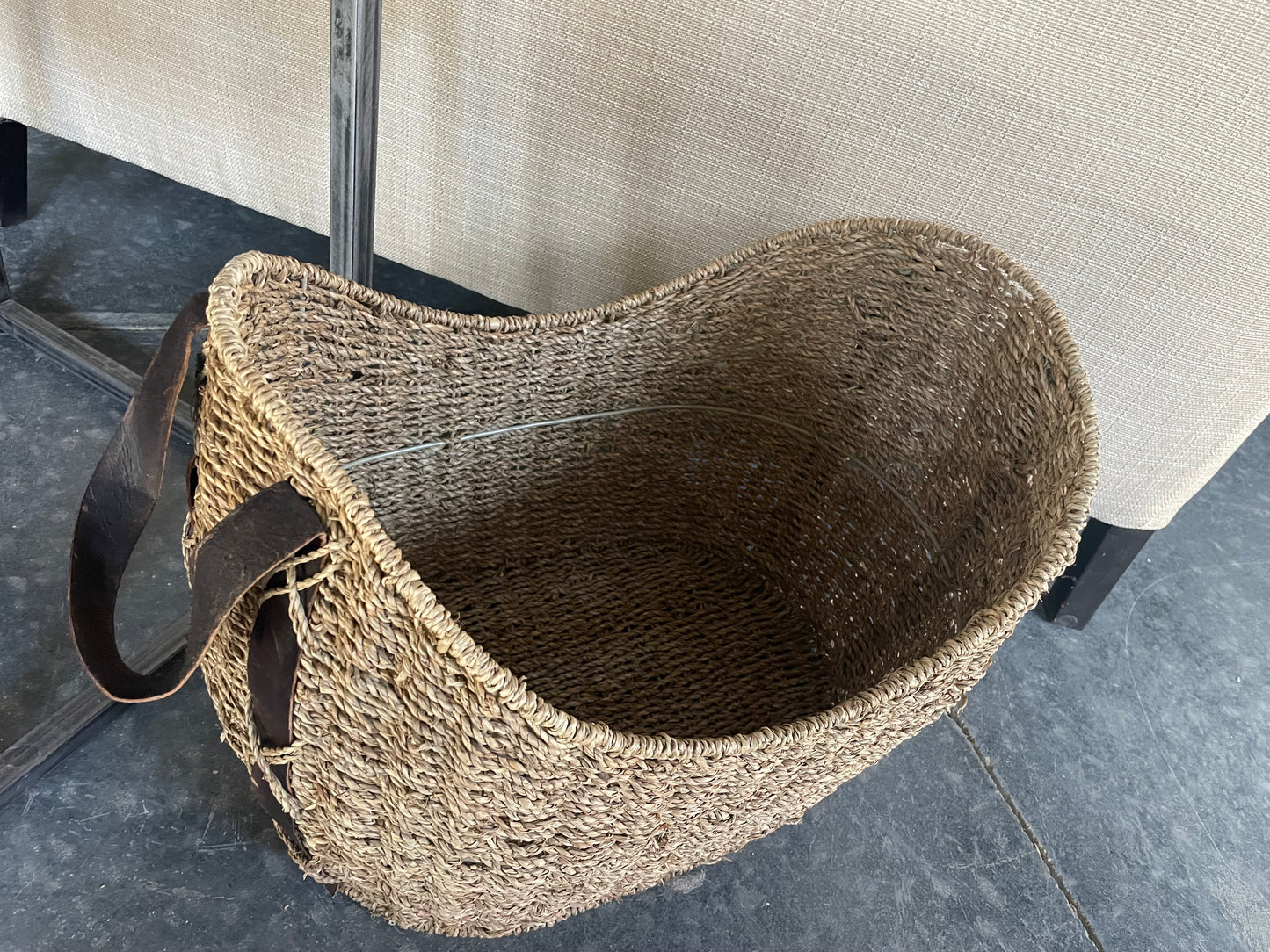 Oval Wicker Basket w/Leather Handles