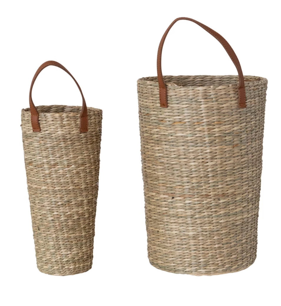 13-3/4” Hand-Woven Seagrass Baskets w/ Faux Leather handle