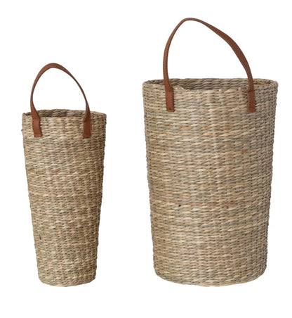 13-3/4” Hand-Woven Seagrass Baskets w/ Faux Leather handle