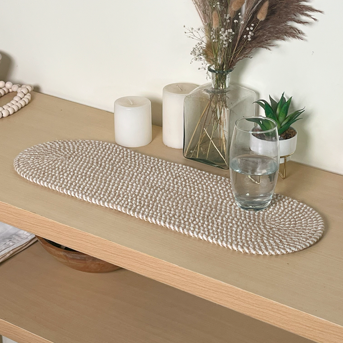 Handbraided Jute & Cotton Oval Table Runner White, 8x24 Inch
