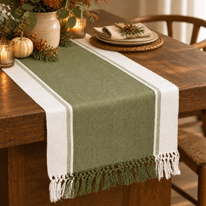 Reed Table Runner, Olive Green-Ivory, 14x72 Inch