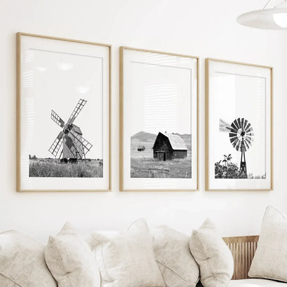 8” x 10” Black White Farm Style Print. Windmill, Barn Poster-sold seperately-No Frame