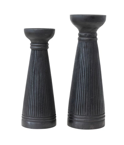 13.75”H Albasia Wood Ribbed Candle Holder