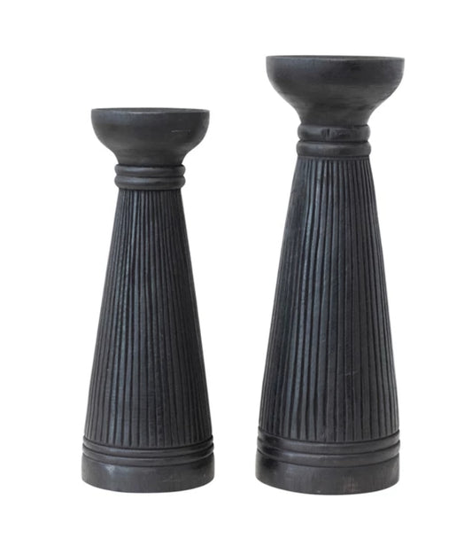 13.75”H Albasia Wood Ribbed Candle Holder