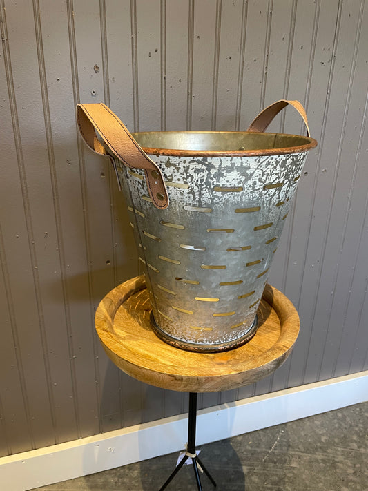 Galvanized Bucket w/ Leather Straps-Sm