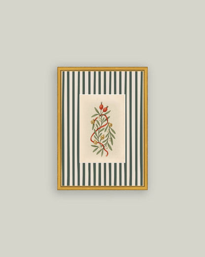 Holly Bells on Stripes Framed Antique Art