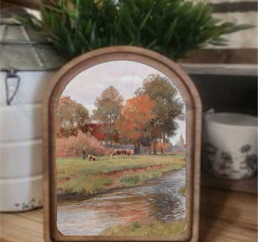 11” Arch Riverside Farm Framed Art