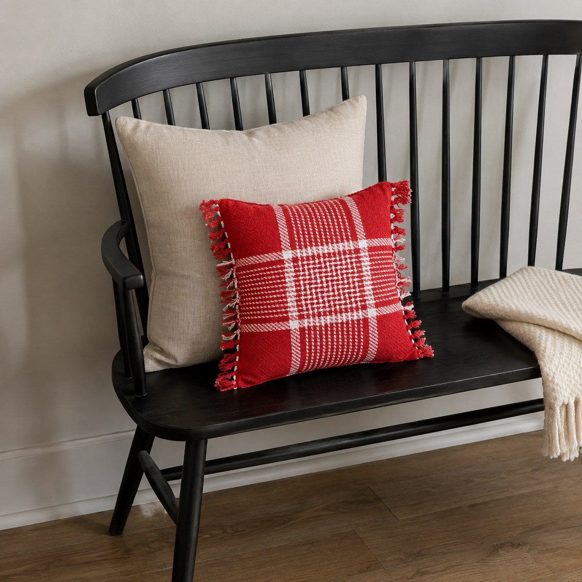 Red White Plaid Filled Fringe Throw Pillow 12x12 Eston