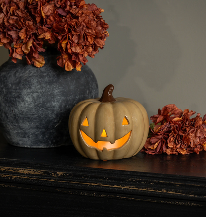 6.25” Beige Ceramic LED Pumpkin