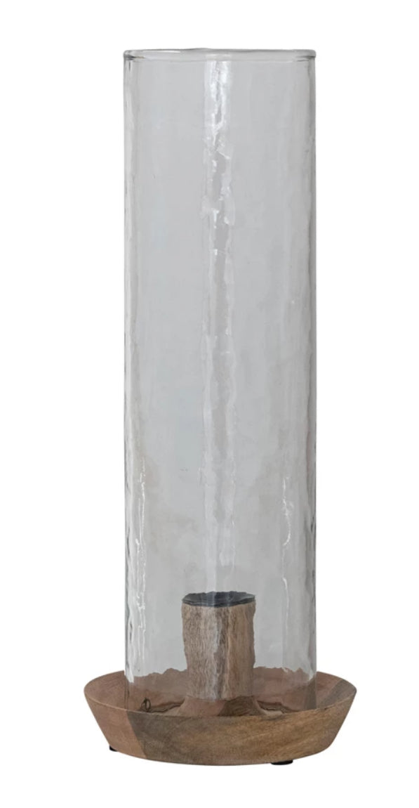 Mango Wood Taper Holder w/Glass Hurricane