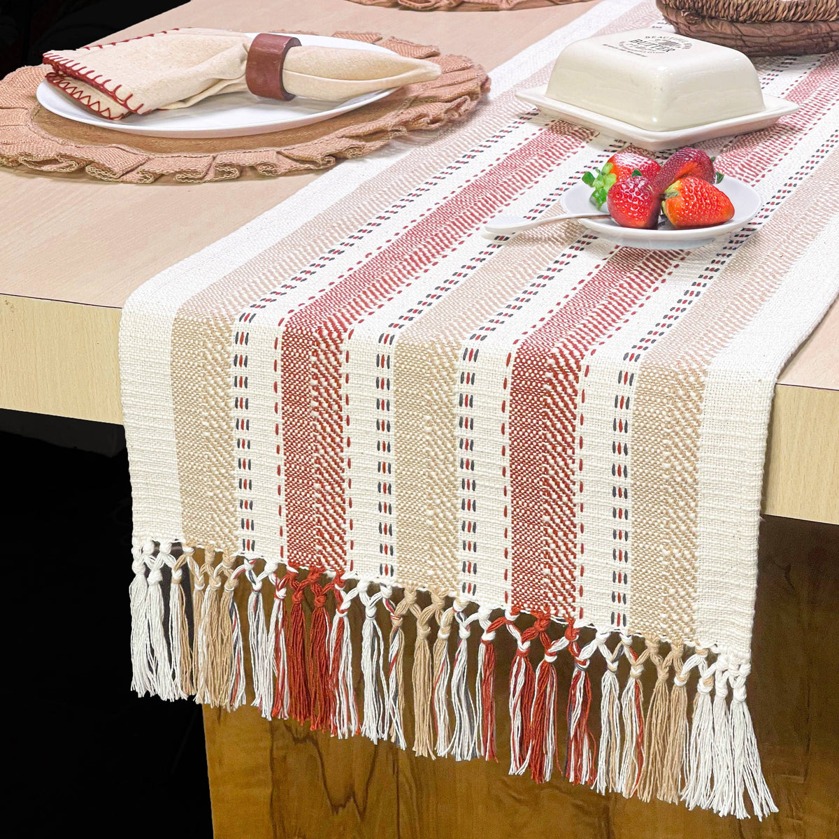 SANTA FE TABLE RUNNER, BEIGE-RUST, 14''x72''
