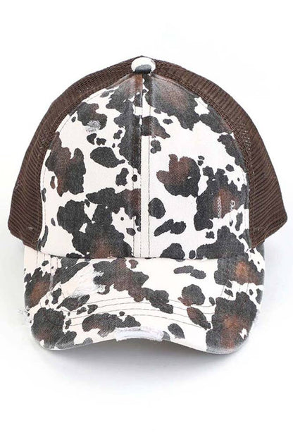 C.C Cow Print Mesh Criss Cross Ponytail Baseball Cap