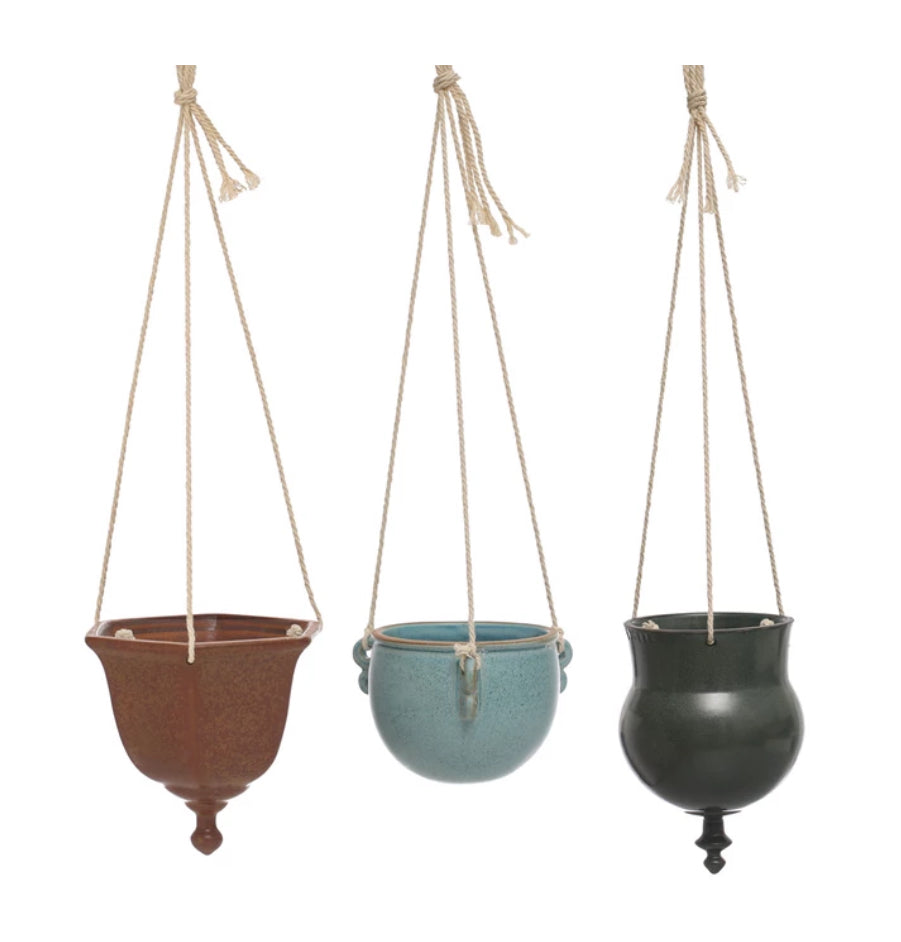 Hanging Stoneware Planter W/Jute Rope Hangers