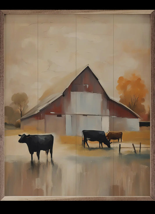 Red Barn with Cattle Print