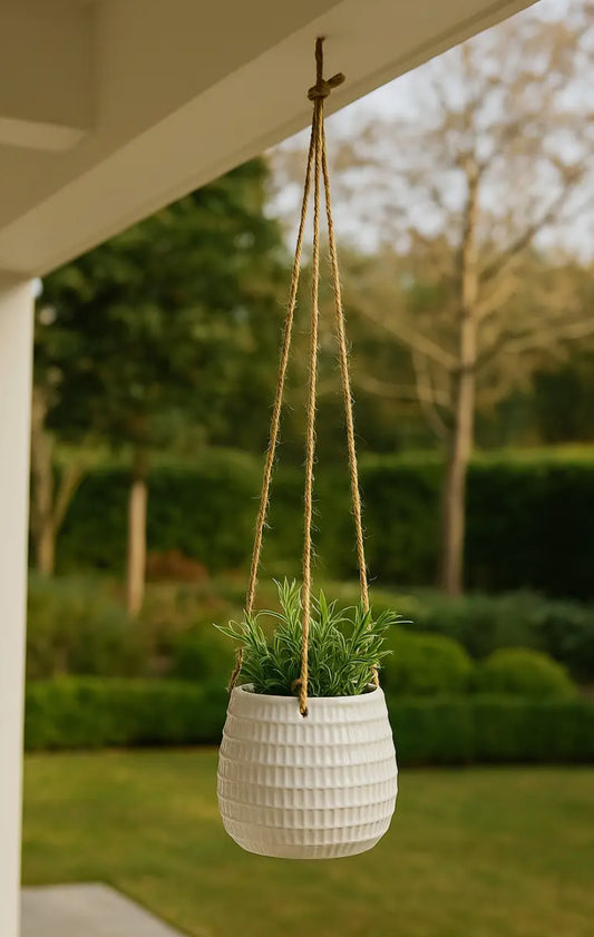 7” Ivory Ceramic Round Dimpled Hanging Planter