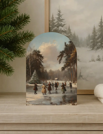 10”x7” Skaters By Christmas Tree Arch Wood Print