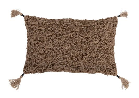 Hand-Woven Cotton & Jute Macrame Lumbar Pillow w/ Jute Tassels & Mango Wood Beads