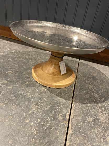 Wood pedestal with round silver tray top