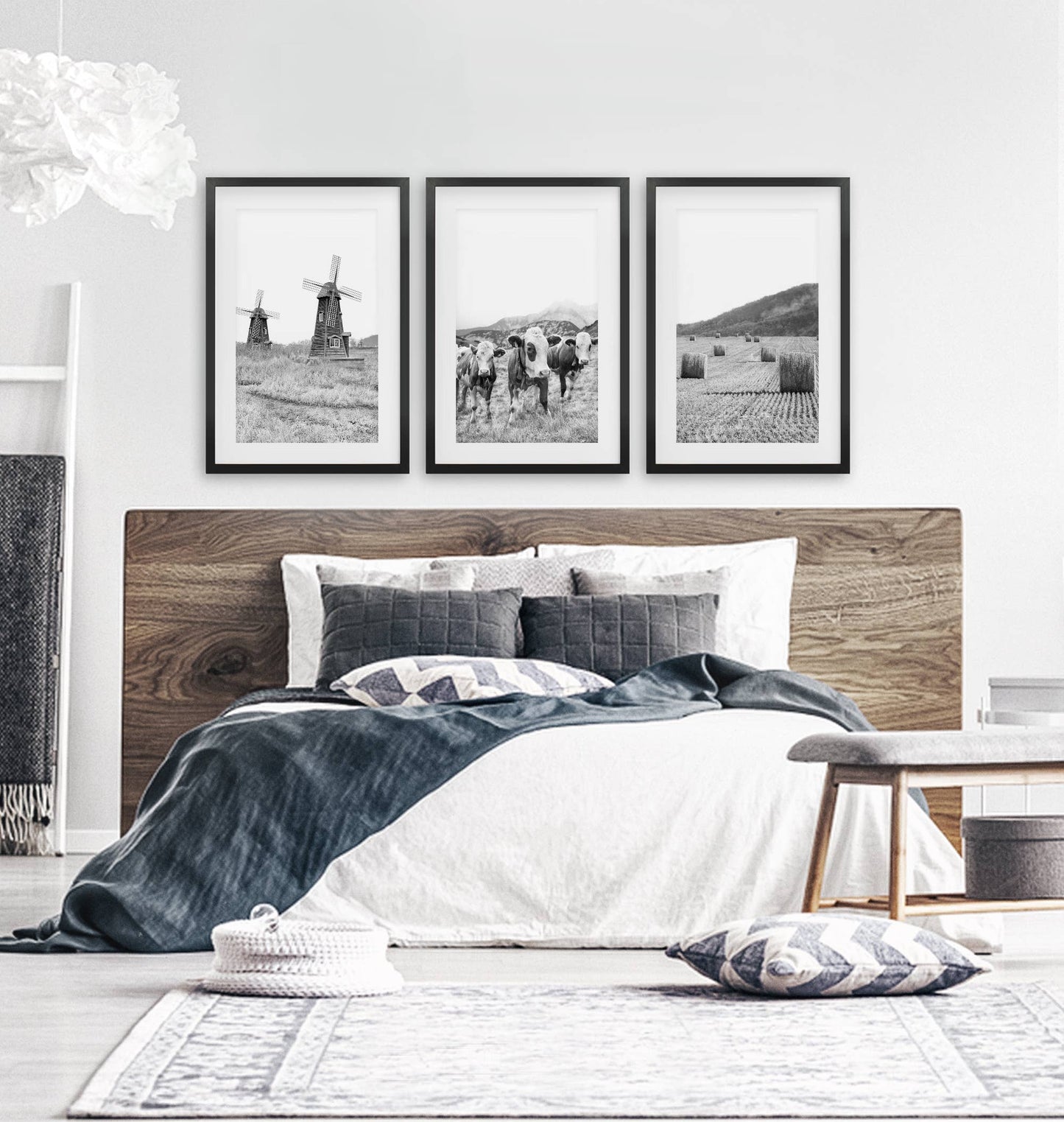 8” x 10” Farmhouse Black White Wall Art. Windmill, 3 Cows, Hay Bales-sold  separately- No Frame