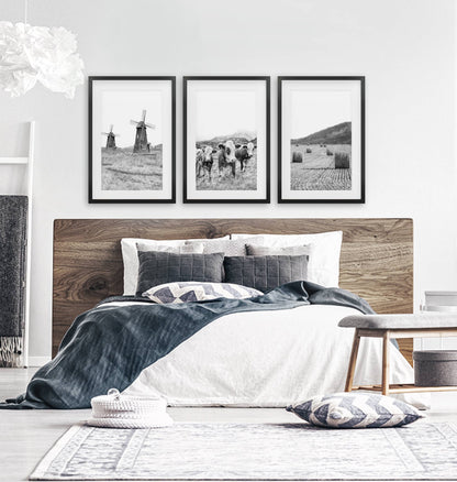 8” x 10” Farmhouse Black White Wall Art. Windmill, 3 Cows, Hay Bales-sold  separately- No Frame
