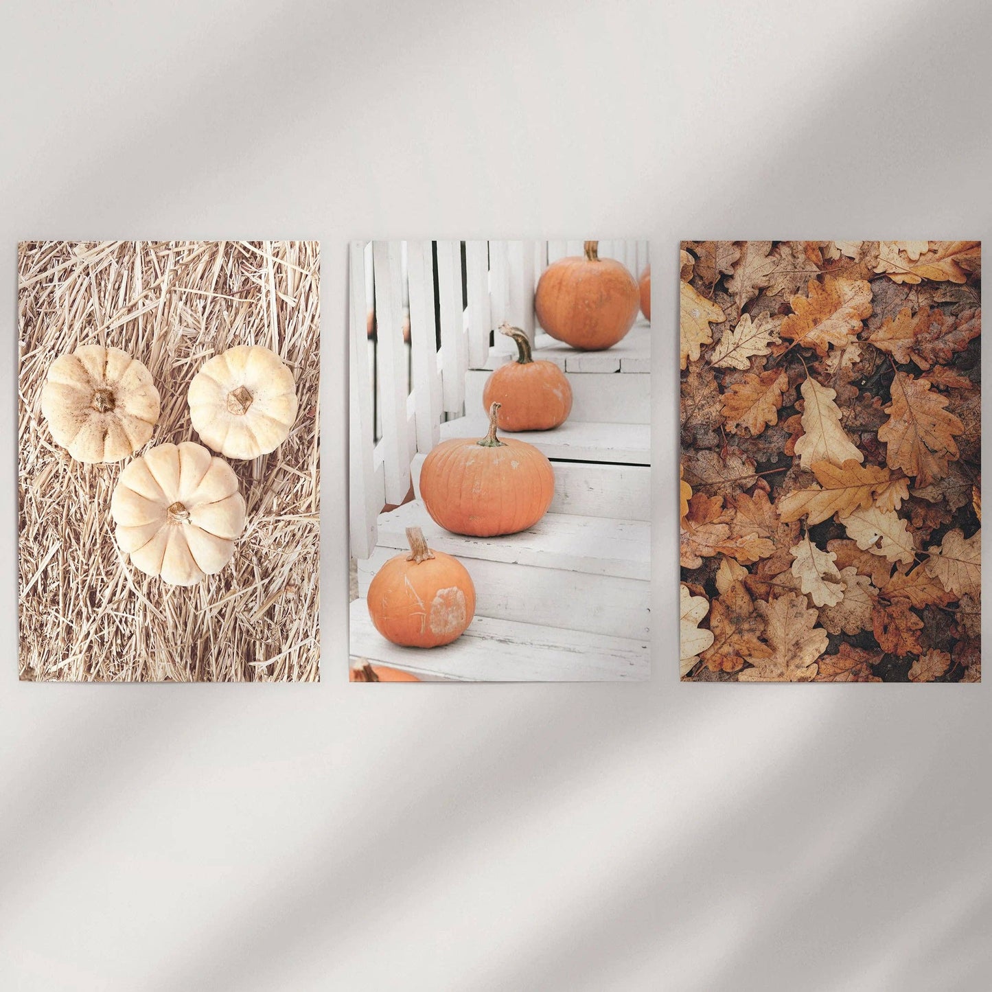 8” x 10” Cozy Fall Wall Art. Pumpkins and Autumn Leaves-Set/3-No Frames
