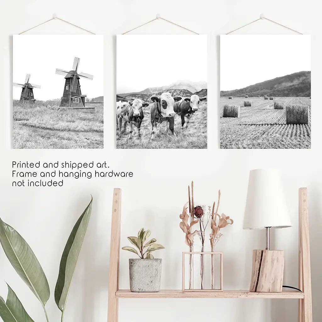 8” x 10” Farmhouse Black White Wall Art. Windmill, 3 Cows, Hay Bales-sold  separately- No Frame