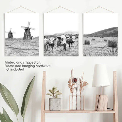 8” x 10” Farmhouse Black White Wall Art. Windmill, 3 Cows, Hay Bales-sold  separately- No Frame