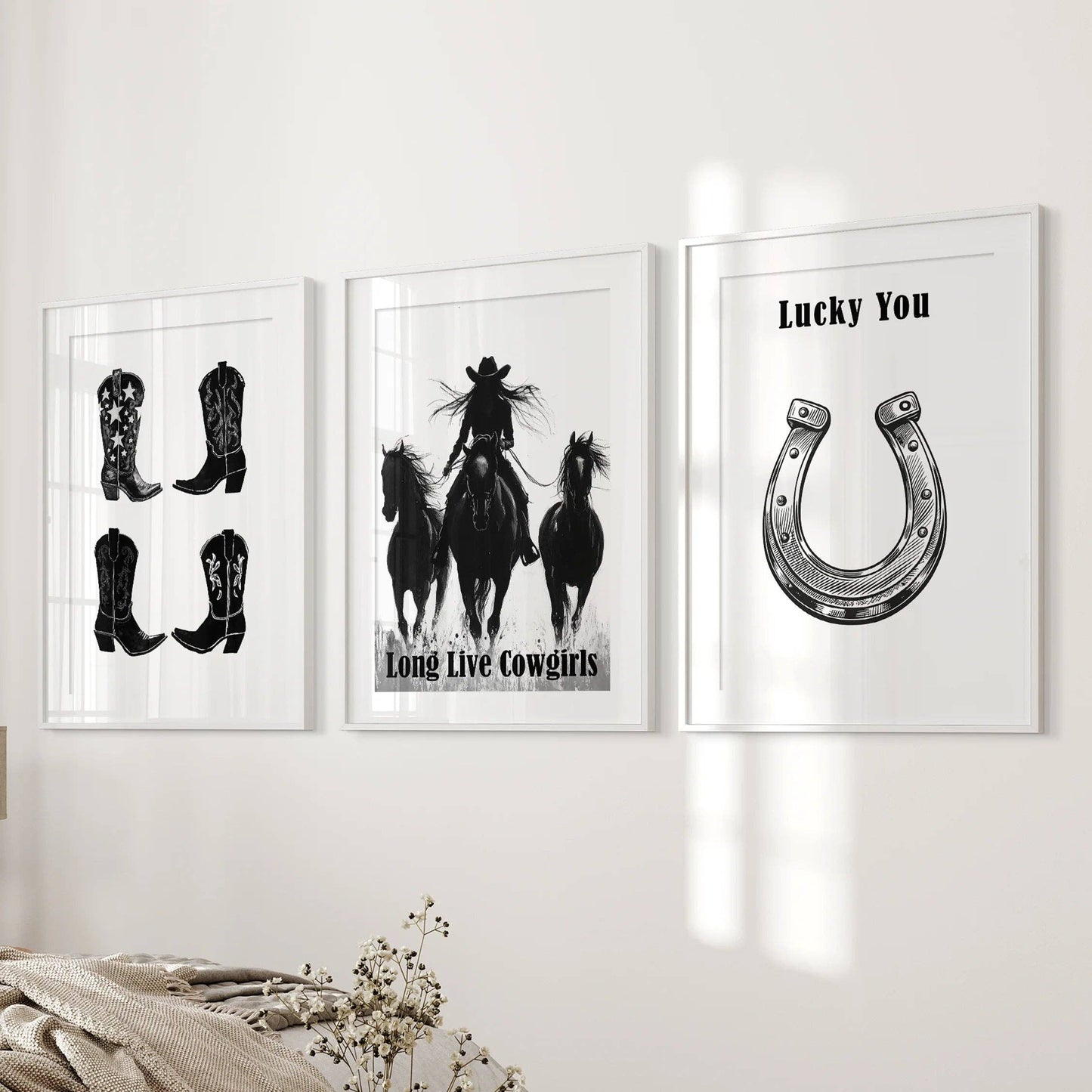 8” x 10” Black White Western Cowgirl Wall Art. Rustic Ranch Decor-set/3-No Frames