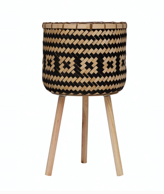 Hand-Woven Bamboo Basket w/Wood Legs and Pattern