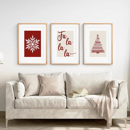 8” x 10” Wall Art Christmas Decoration. Modern Red Xmas Print-Set/3-No Frames