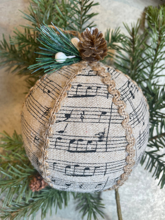 Music Ball Ornament w/Evergreen & Pinecone Accent