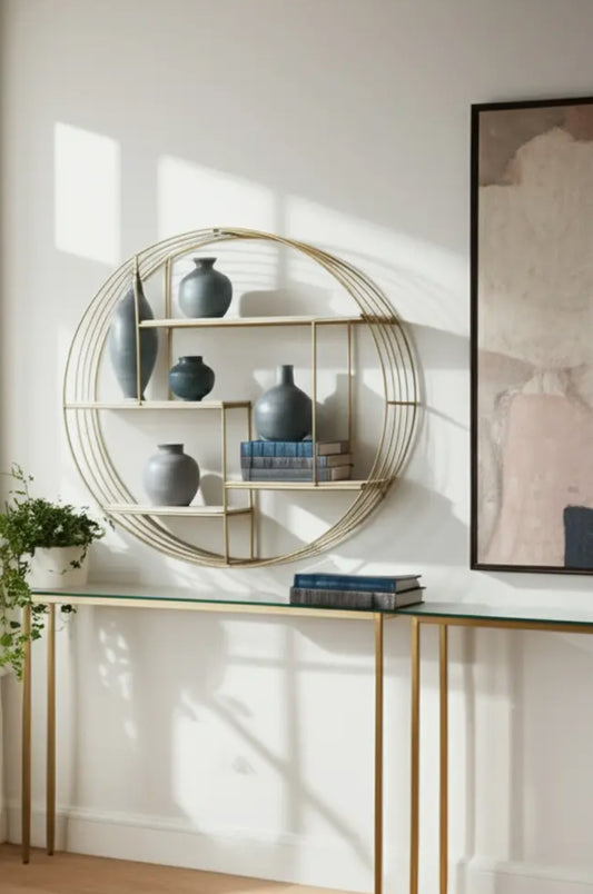32” Gold Metal/Wood Geometric Hanging Wall Shelf